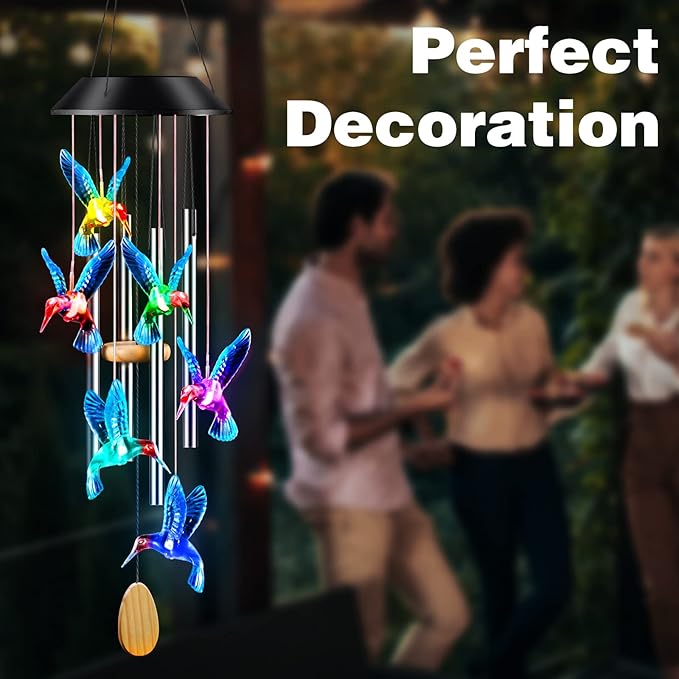 Wind Chimes,Hummingbird Solar Wind Chimes for Outside Color Changing,4 Aluminum Tubes Wind Bell for Garden/Patio Decor Thanksgiving Gifts for Mom, Wife, Grandma Neighbors(25 Inch Deep Tone)