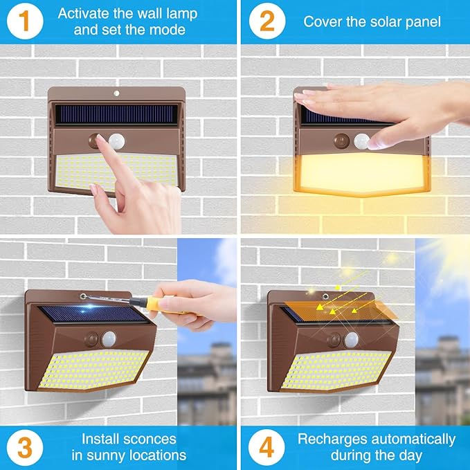 Peasur Solar Outdoor Lights, [8 Packs] Motion Sensor Security Lights with 3 Lighting Modes Wall Lights Waterproof Solar Powered Lights for Garden Yard,Brown White