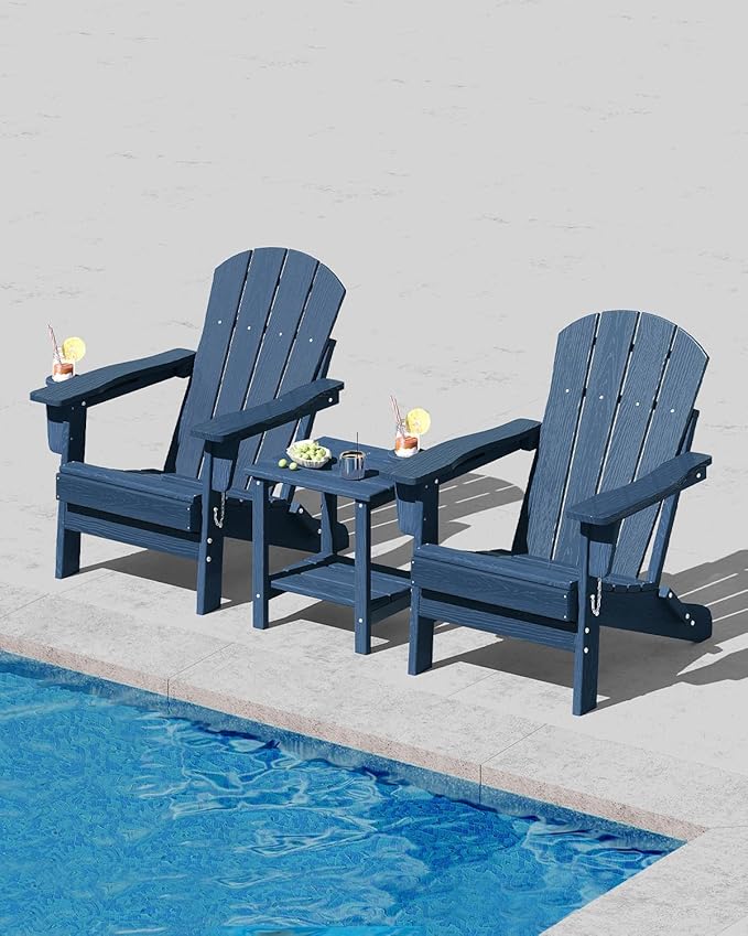 Folding Adirondack Chair Set of 4, All-Weather HDPE Outdoor Chair, Wooden Textured with Cup Holder for patios, Decks, Gardens, fire pits, Navy Blue