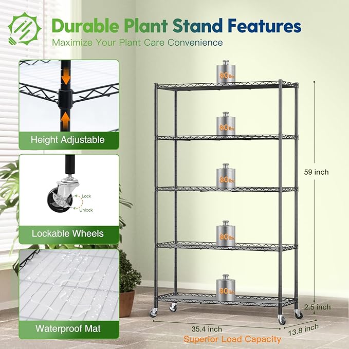 FREELICHT DIY Plant Shelf with Grow Light, 5-Tier, 2FT 5000K 120W(4x30W), Full Spectrum, Metal Plant Stand with Adjustable Rack and Wheel, LED Grow Lights with Timer for Seed Starting 35.4x13.8x61.5IN