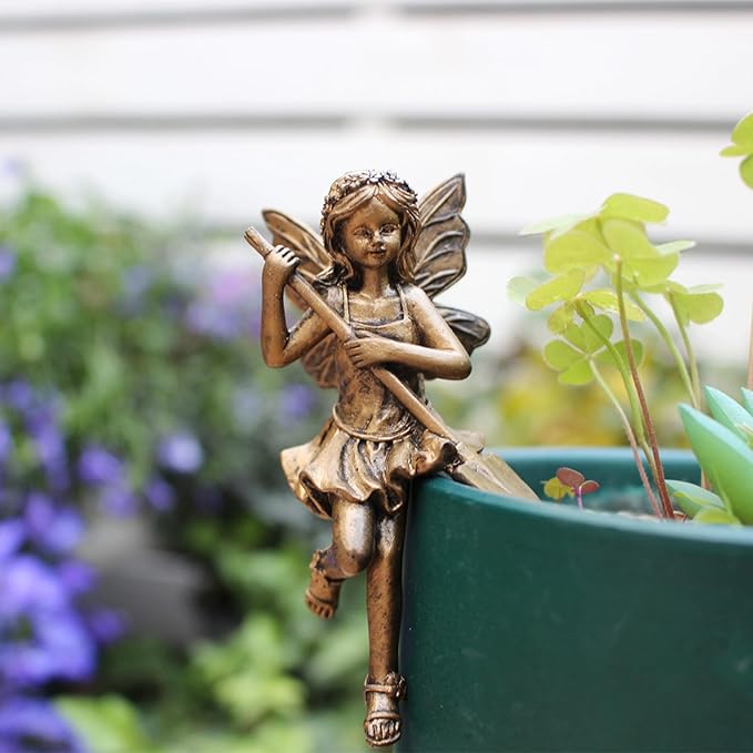 2-Pieces Asymmetrical Flower Fairy Pot Clip Pair, Vintage Bronze Finish Resin Garden Decor for Patio Planters, Outdoor Container Accent Statues