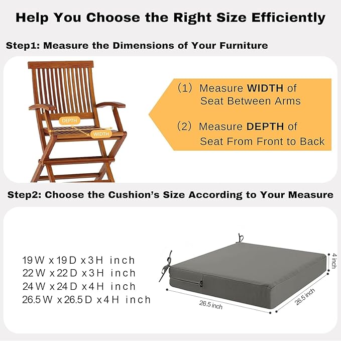 idee-home Outdoor Chair Cushions Set of 2, Waterproof Outdoor Seat Cushions for Patio Furniture, Outside Replacement Chair Pad with Ties for Lawn Deck Porch, 26.5 x 26.5