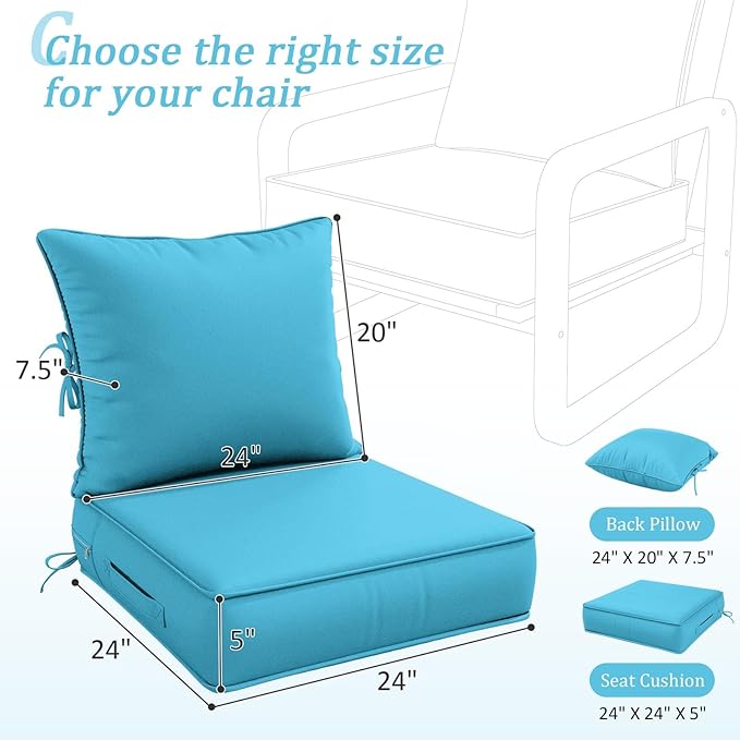 Outdoor Patio Chair Cushions Set 24 L X 24 W X 5 H Waterproof & Fade Resistant Deep Seat and Back Cushions with Removable Covers Outdoor Seat Cushion Set for Chairs and Sofas