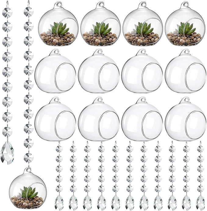 56 Pcs 3.15'' Hanging Glass Tealight Holder Globe with K9 Crystal Garland Strands,Teardrop Pendant Hanging Tealight Candle Holder Orbs Air Plant for Wedding Centerpiece Party Decor (Clear)