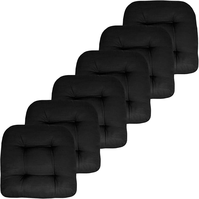 Sweet Home Collection Patio Cushions Outdoor Chair Pads Premium Comfortable Thick Fiber Fill Tufted 19" x 19" Seat Cover, 6 Pack, Black