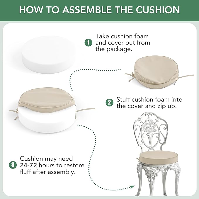 Outdoor Bistro Chair Cushions Set of 2, 15" D x 3" H Round Chair Cushions Waterproof and Fade Resistant Chair Cushion Pads with Non-Slip Ties and Removable Covers for Garden, Cream