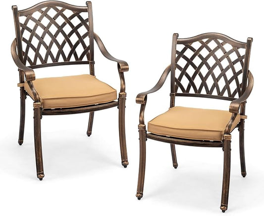 VINGLI Patio Chairs Set of 2 - Stackable Outdoor Cast Aluminum Dining Chairs with Vintage Bronze Finish and Diamond Pattern, Metal Armchairs for Poolside, Backyard, Balcony (with Cushion)