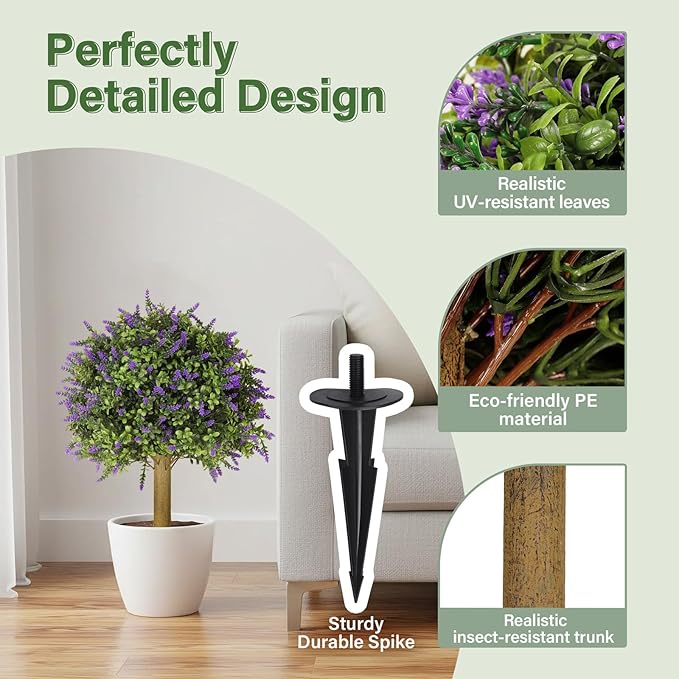 Set of 2 Artificial Lavender Topiary with Spike,Fake Plants Boxwood Balls Greenery Shrubs,UV Resistant Artificial Push in Flowers Bushes for Outdoor Front Porch Decor,Home Faux Plants Indoor