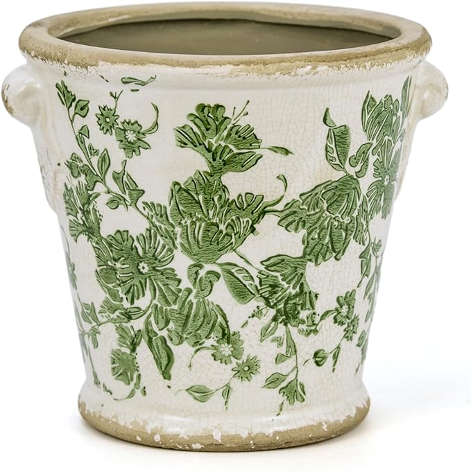 Vintage Ceramic Flower Pot with Drainage Holes and Handle,Ice Crack Country Rustic Planters for Indoor Outdoor,Tuscan Decor,Home and Garden Decor,Gardening Present (Green)