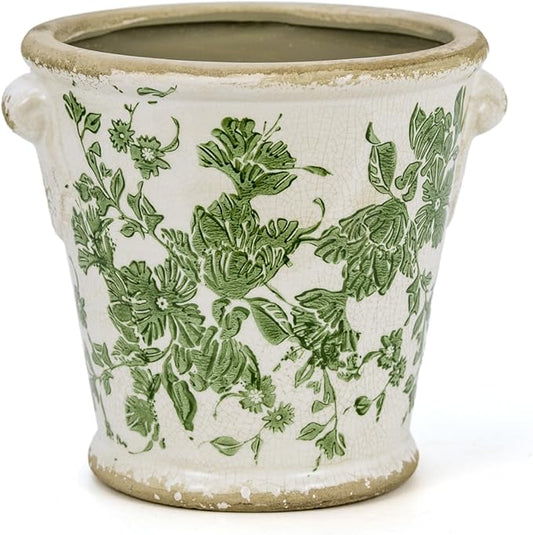 Vintage Ceramic Flower Pot with Drainage Holes and Handle,Ice Crack Country Rustic Planters for Indoor Outdoor,Tuscan Decor,Home and Garden Decor,Gardening Present (Green)