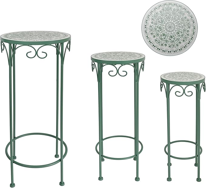 Metal Plant Stand Indoor & Outdoor Set of 3 Round Ceramic Top 28" Tall Mosaic Flower Stand Tile Nesting Display Plant Rack Flower Holder Side Table for Patio Living Room Multi-tiered Flower Pot Holders Garden Accessory Decor Green