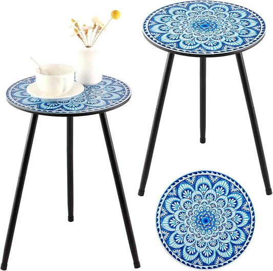 2 Packs Metal Mosaic Round Side Tables 13.4" Small Outdoor Patio Round Accent Coffee Tables Indoor Corner Stand for Small Spaces Weather-Resistant for Balcony, Porch Plant Stands Indoor, Blue Mosaic