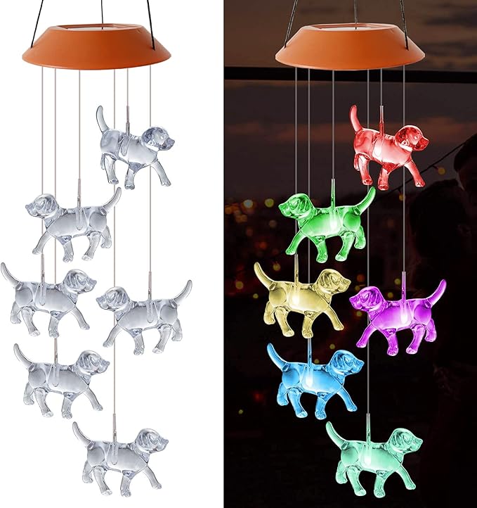 Dog Wind Chimes Solar Powered Wind Chime Outdoor Dog Remembrance Gifts Color Changing Solar Mobile Hanging Solar Wind Chimes Garden Gift for Grandma Yard Decor
