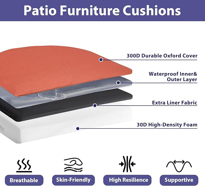 Outdoor Chair Cushions Set of 4 -Waterproof Outdoor Seat Cushions for Patio Furniture, Patio Chair Cushion with Handle and Ties, Round Out Door Chair Pads,18.5" x 16" x 3", Spice