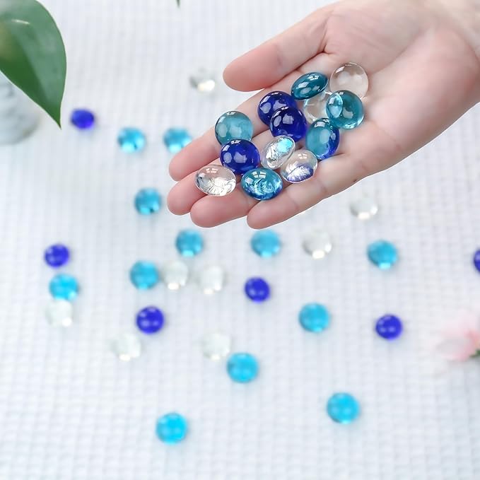 CYS EXCEL Blue Mix Glass Gemstone Beads Vase Fillers (2 LBS) Flat Marble Beads Multiple Color Choices Aquarium Decor Rocks Floral Stones Decorative Mosaic Gem Pebbles