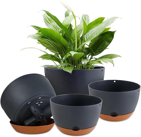 12/10/8/8 Inch Pots for Plants, 4 Pack Large Self Watering Pots for Indoor Plants with Drainage and Saucers, Plastic Outdoor Flower Pot(Grey)