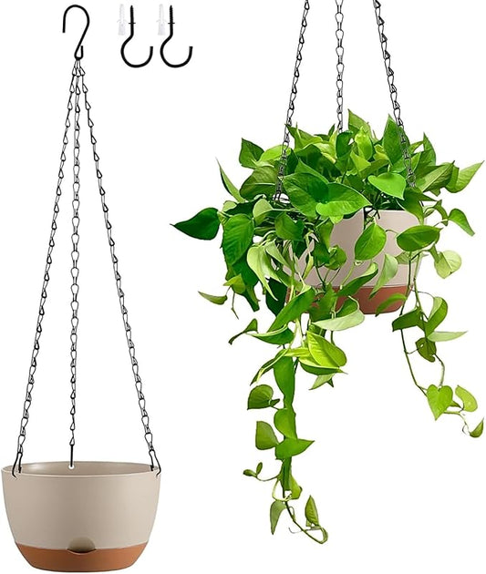 Hanging Planters for Indoor Plants, Set of 2 8/10 Inch Self-Watering Hanging Pots with Drainage Hole & Removable Water-Storage Tray II Screw-in Hooks II