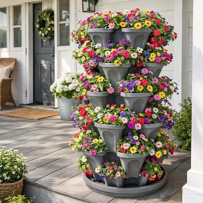 5-Tier Stackable Strawberry Garden – 24 Quart Indoor / Outdoor Stacking Planter with Drip Saucer – Grow Herbs, Strawberries, and Flowers from The Kitchen or Backyard – Plant and Stack! Easy Gardening