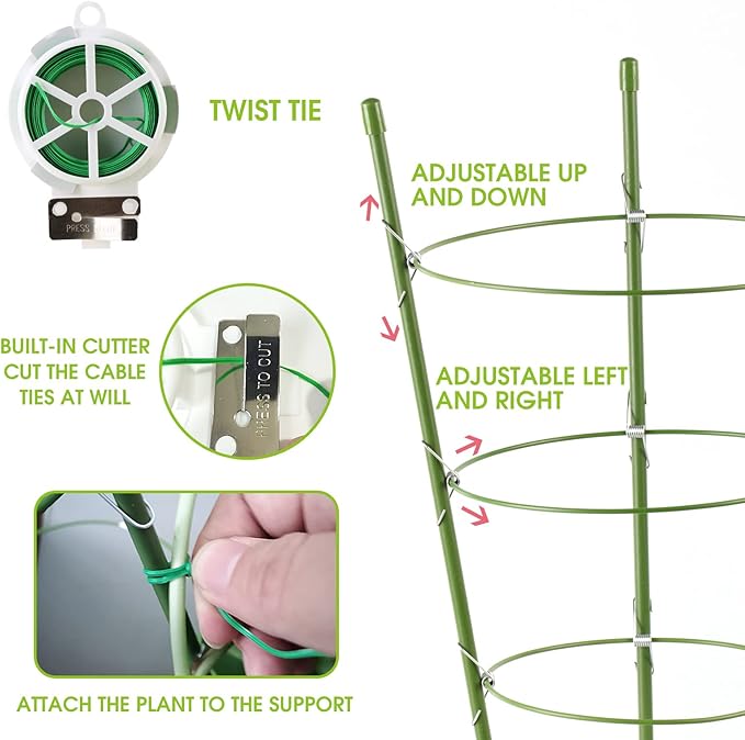 8 Pack Tomato Cage, 18 inches Plant Support Cages for Garden, Upgrade Garden Plant Stakes with Adjustable Rings, Plants Trellis for Tomato, Flower, Climbing Plants, with Twist Tie