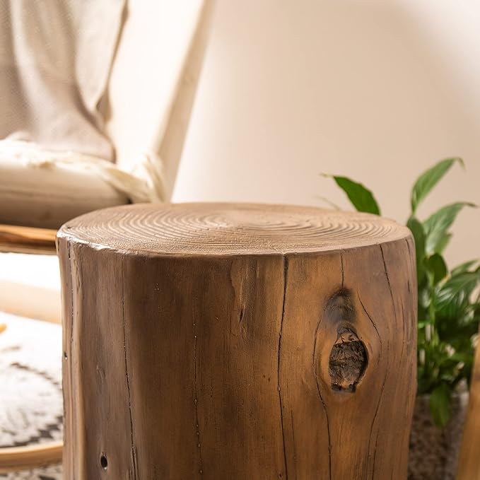 COSIEST Outdoor End Table Black Walnut Colored Faux Wood, Hand-Painted Wood Stump Stool, Ottoman or Plant Stand, Deck or Garden