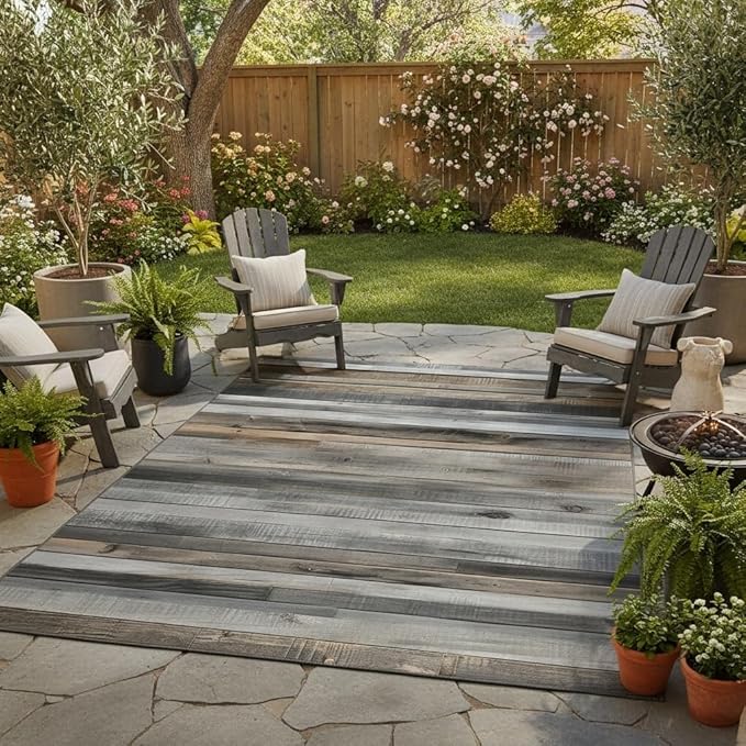 Rustic Washable Wooden Board Outdoor Area Rug 6x9 Natural Wood Grain Outdoor Rug for Courtyard Balcony Deck Backyard Patio Front Porch Waterproof Anti Slip Lightweight Foldable Carpet Grey Brown