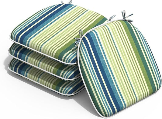 Outdoor Chair Cushions Set of 4, Water Resistant Patio Chair Pads with Ties, Seat Cushions for Home Garden Furniture Decoration, 16"x17",Stripe Blue Green