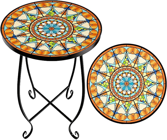 Mosaic Outdoor Side Table Round, 15 Inch Height - Small Patio Table, Foldable Sun Pattern Metal Plant Stand for Garden, Balcony, Porch & Camping (Mosaic Sun)