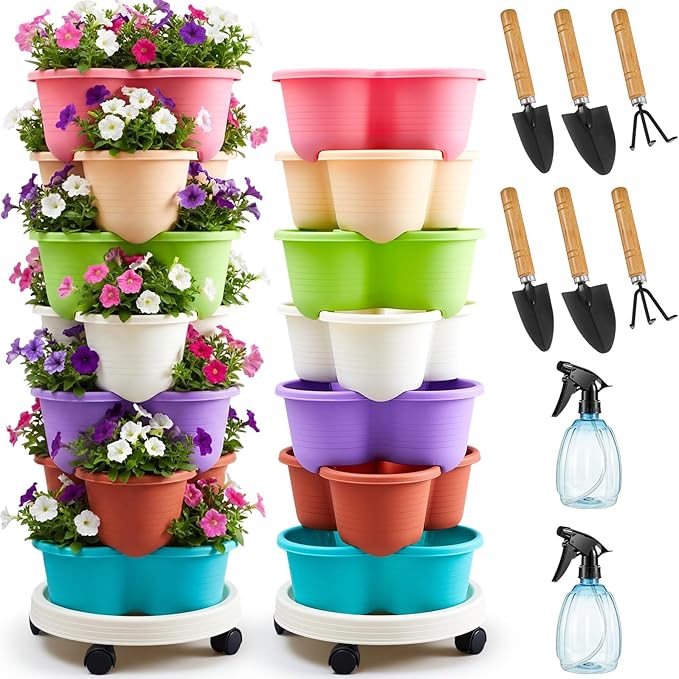 Umigy 2 Set of 7 Tier Stackable Vertical Planters with Removable Wheels and Tools Tower Planters Strawberry Herb Flower Vegetable Pots Indoor Outdoor Gardening Pots (Multicolor)