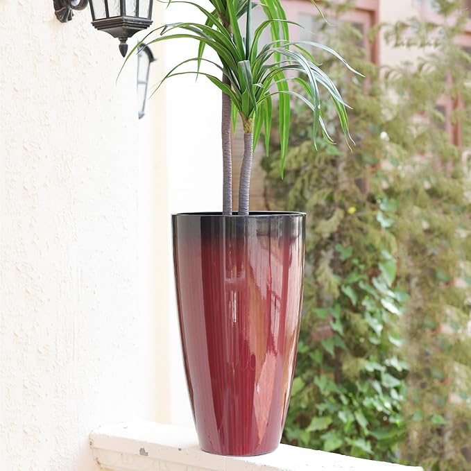 Large Outdoor Planters with Movable Insert Shelf/Drainage Hole, 21 Inch Black to Scarlet Gradient- Glossy Finish for Indoor Modern House Décor Outdoor Flower Pots
