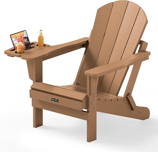SERWALL Folding Adirondack Chair, Adirondack Chairs with 4 in 1 Multi-Functional Cup Holder, Wood-Like Patio Chair, Lawn Chairs, Weather Resistant HIPS Plastic Fire Pit Chair for Garden, Backyard