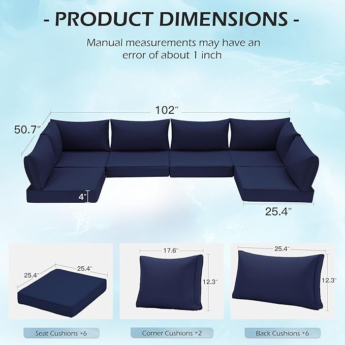 HOMREST Outdoor Replacement Cushions for Patio Furniture,Water-Repellent Sofa Cushion for 6-Seat Rattan Wicker Sectional Patio Conversation Sets,14-Piece Cushions Set for Outdoor Couch（Navy Blue）