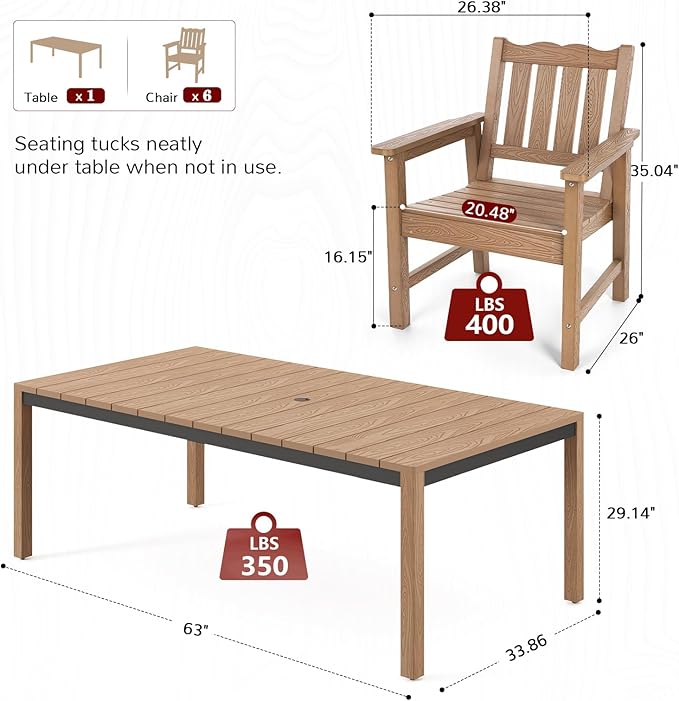 Stoog 7-Piece All-Weather Patio Dining Set, HIPS & Aluminum Outdoor Table with Umbrella Hole, 6 Waterproof Chairs, Fade & Rust Resistant, for Backyard, Garden, Deck, Teak