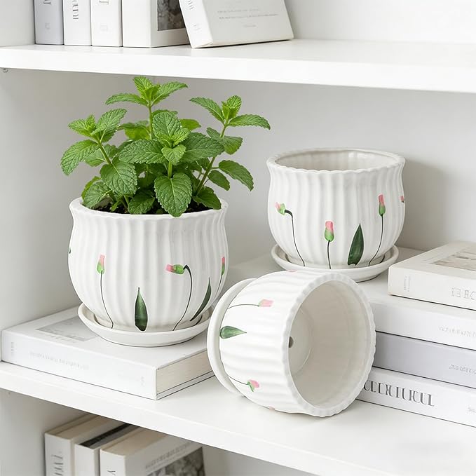 Plant Pots for Indoor Plants Set of 3, 4+5.3+6.7 Inch Ceramic Plant Pots with Drainage Hole，Cute Garden Pots Succulent Pots with Saucer