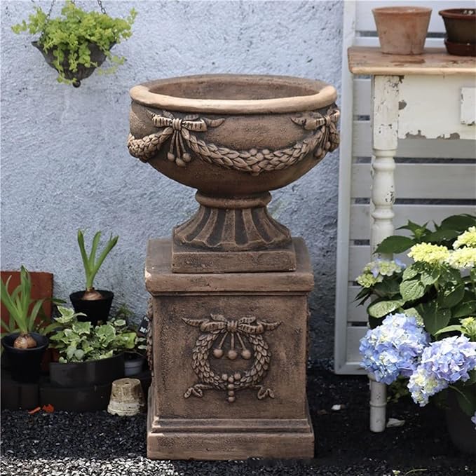 17 Inch Sculptural Garden Plinth Base Statue, Embossed Design Durable and Sturdy Resin Fiber Base,Antique Stone Finish
