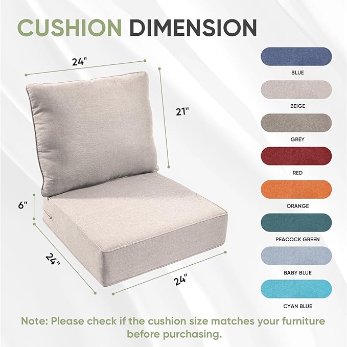 Outdoor Chair Cushion Set, 24x24 Waterproof Patio Chair Cushions, 6" Thickened Seat Cushion for Outdoor Chair and Couch, Include 1 Seat & 1 Back Cushion, Thick/Beige