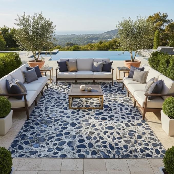 Irregular Pebblestones Design Deck Rug 3x5 Dark Blue Beige Aesthetic Texture Outdoor Waterproof Rugs for Balcony Patios Porch Backyard Garden RV Camping Thin No Shedding Durable Outside Mat