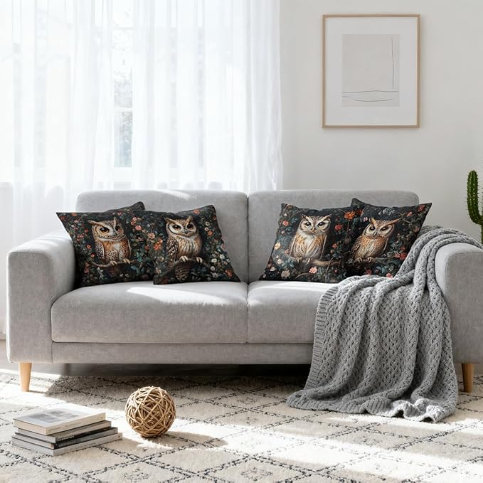 Owl Forest Pillow Covers 18x18 inch Set of 4, Mystic Woodland Flowers Dark Academia Throw Pillow Covers Farmhouse Cushion Case Decor for Sofa Couch