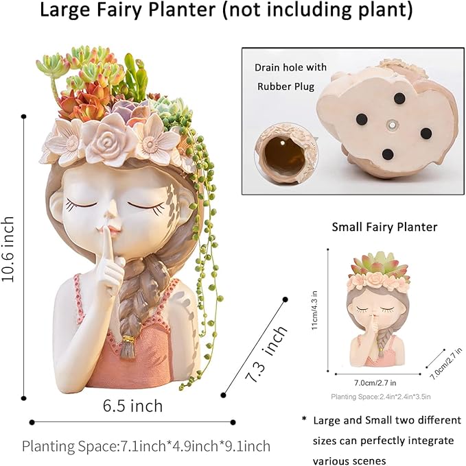 Adorable Large Girl face Planter Cute Big Succulent Pot with Drainage Hole Tall Lady Head Planter Resin Flower Pot Decorative vase for Plants