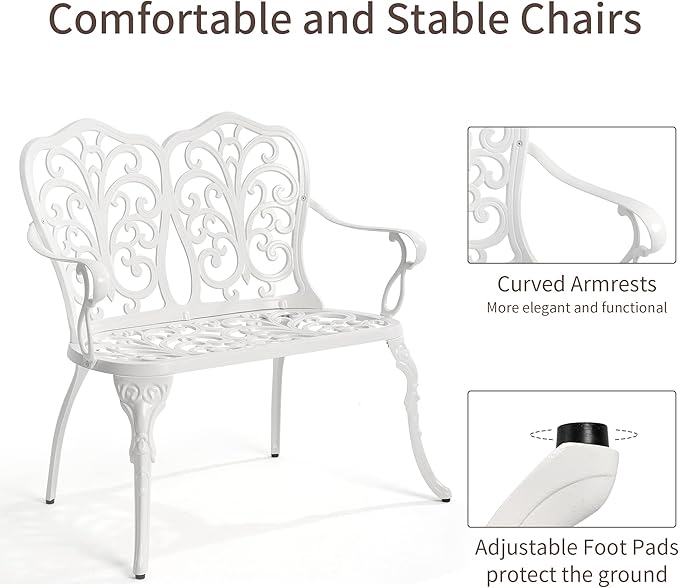 HOMEFUN Outdoor Bench, Patio Garden Benches Waterproof Metal Loveseat Cast-Aluminum Outdside Furniture for Park Lawn Front Porch White