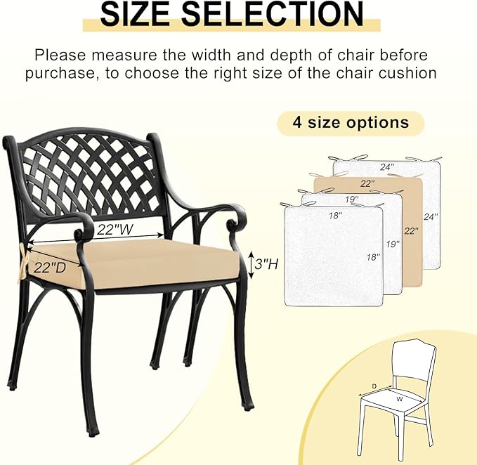 downluxe Waterproof Outdoor Chair Cushions for Patio Furniture, 22" x 22" x 3" Patio Chair Cushion with Adjustable Ties & Portable Handle, Square Outdoor Cushion with Removable Cover, Beige, 2 Pack