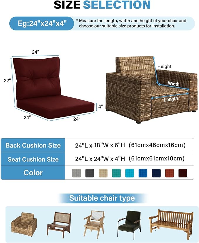 YEFU 24x24 Outdoor Cushions for Patio Furniture: Waterproof Fade Resistant Outdoor Seat Cushions Set of 2 - Olefin Deep Seat Paio Cushion Pads Replacement with Ties for Chair Sofa Couch(Wine Red)