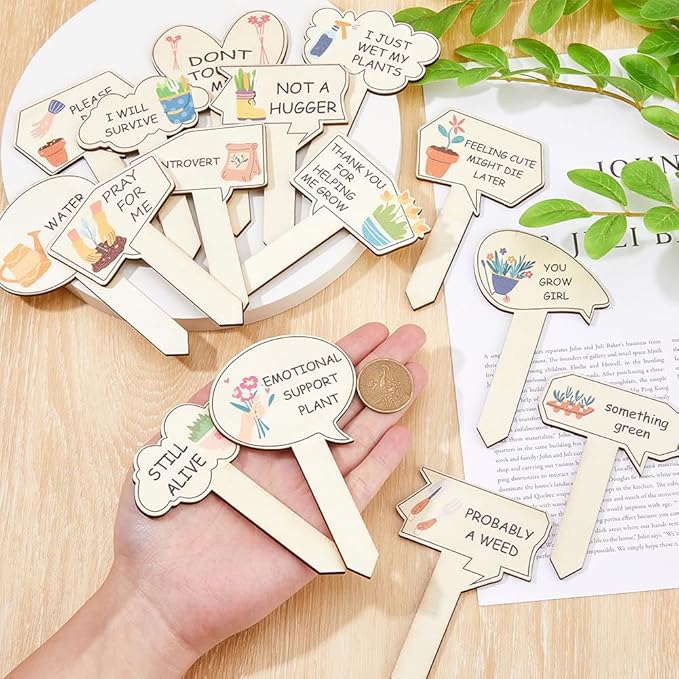 15pcs Plant Garden Signs 15 Styles Funny Wooden Plant Markers T-Type Garden Labels with Stable Sharp Bottom for Vegetable Flowers Garden Potted Plants