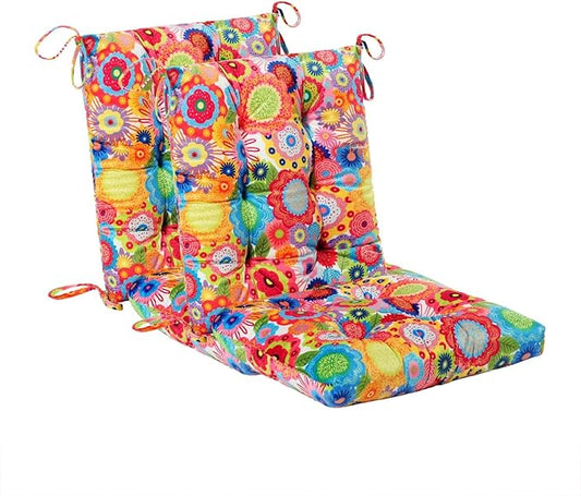 Outdoor Patio Cushion, Rocking Chair Cushion, Tufted Pads, Set of Upper and Lower with Ties Pack of 2 (2 Sets) - Back 20"×17", Seat 17"×17" (Multicolored Flowers)