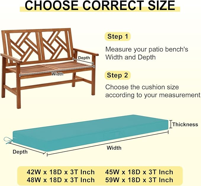 downluxe Outdoor Bench Cushion Waterproof, 45 x 18 Inch Patio Furniture Cushions with Adjustable Ties & Portable Handle, Porch Swing Cushions, Bench Cushions for Outdoor Furniture, Teal