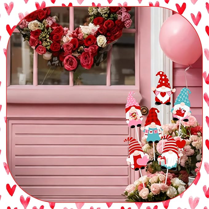 Pickmesh 6 Pcs 12 Inch Valentine's Day Metal Yard Sign Valentines Gnome Metal Yard Sign Barn Garden Stake for Planter Pot Walkway Pathway Outdoor Decor Lawn Decoration