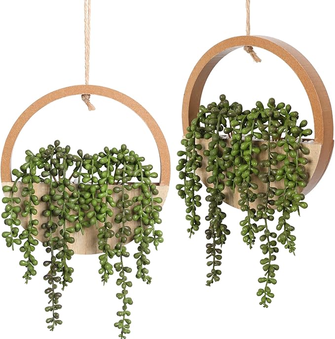 2 Pack Fake Plants, Large Artificial Hanging Plants Hanging Planter Fake Succulents Artificial String of Pearls with Pot and Lanyard for Living Room Bathroom Home Office Wall Decoration