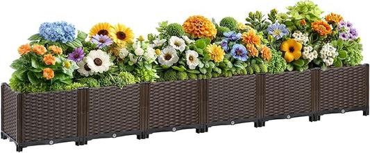Large Rattan Planter Outdoor-Elevated Garden Box with Drain Outlet 95"L x 16"W x 15"H, Self Watering Raised Garden Beds Deep Elevated Planter Box for Vegetables, Flowers, Herbs Standing Gardening Kit