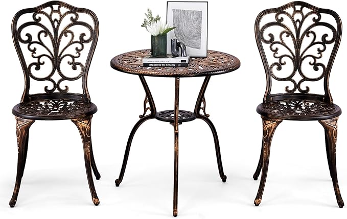 Outvita Patio Table and Chairs Set, Cast Aluminum Outdoor Cafe Table and Chairs Set of 3, Stability Patio Bistro Sets with Umbrella Hole for Garden, Patio, Balcony, Butterfly Pattern Bronze