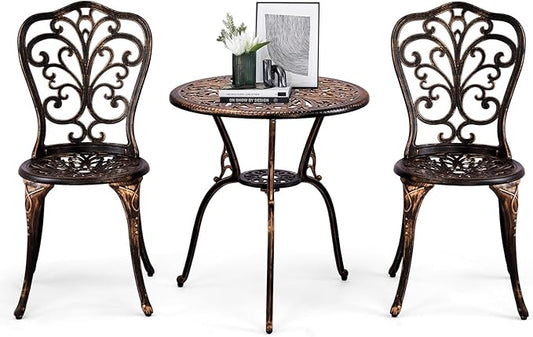 Outvita Patio Table and Chairs Set, Cast Aluminum Outdoor Cafe Table and Chairs Set of 3, Stability Patio Bistro Sets with Umbrella Hole for Garden, Patio, Balcony, Butterfly Pattern Bronze