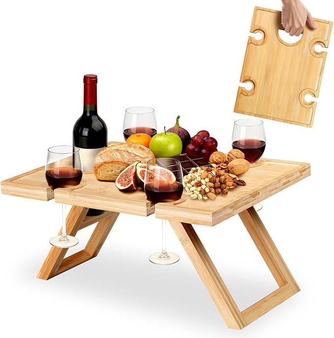 Portable Picnic Table, Folding Wine Picnic Table with 5 Wine Glasses Holder, Small Champagne Snack Cheese Table for Camping Beach Park